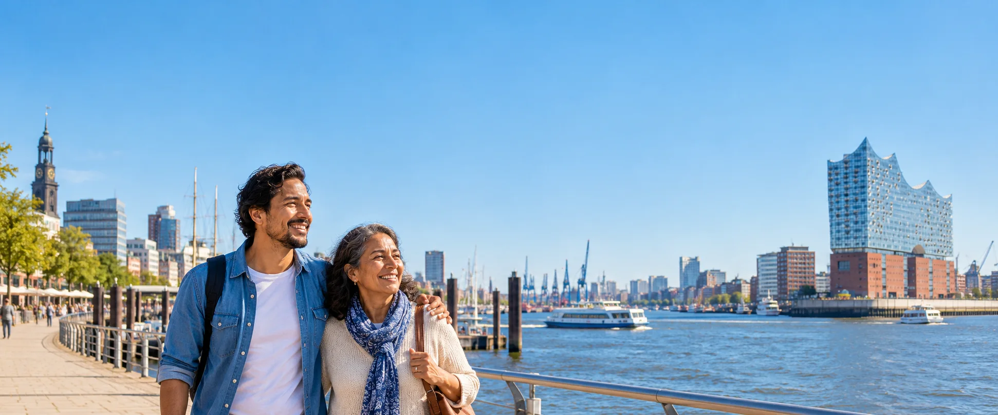 Una pareja latina camina junta junto al puerto de Hamburgo