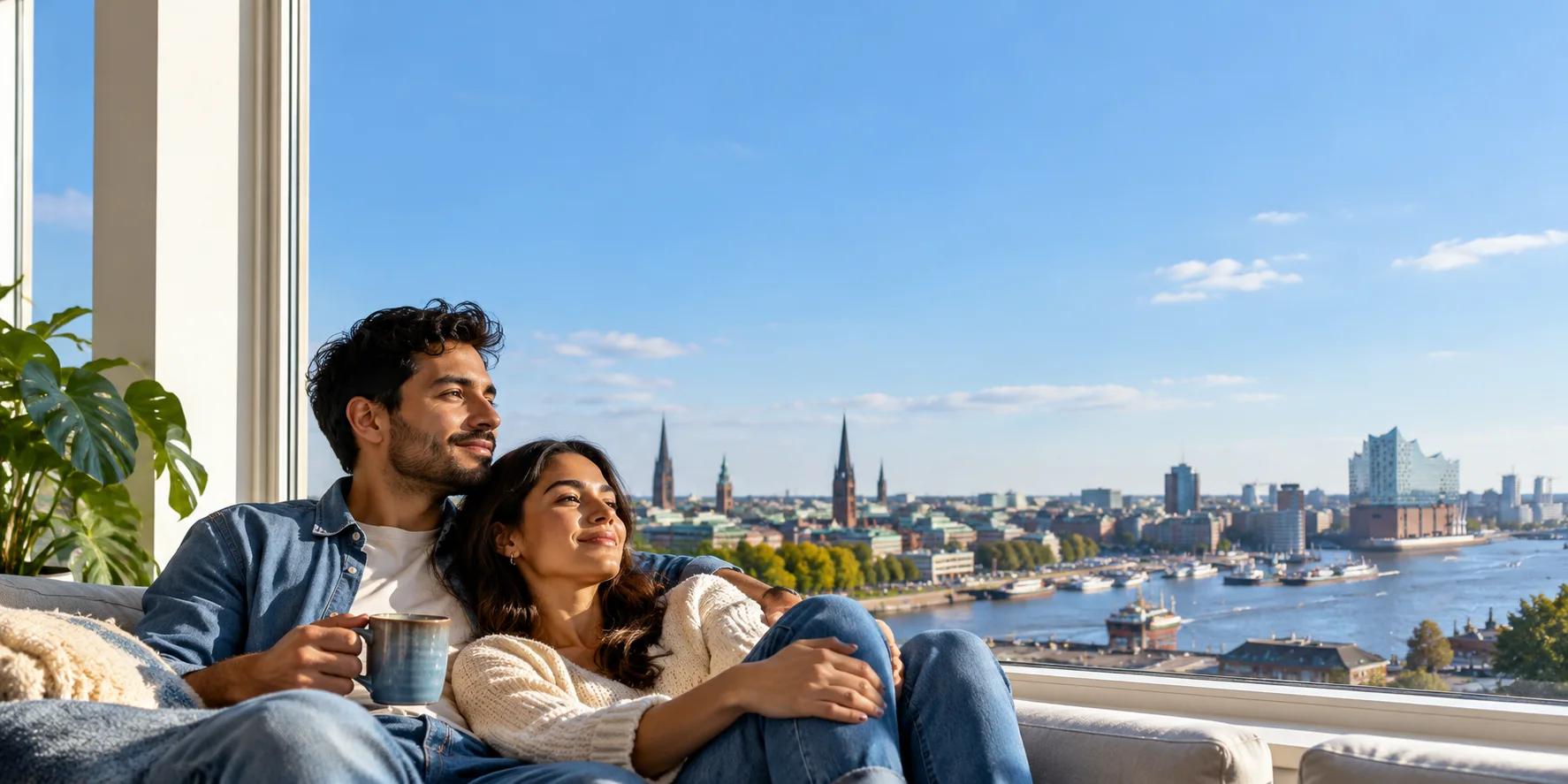Una pareja latina contempla Hamburgo desde su hogar