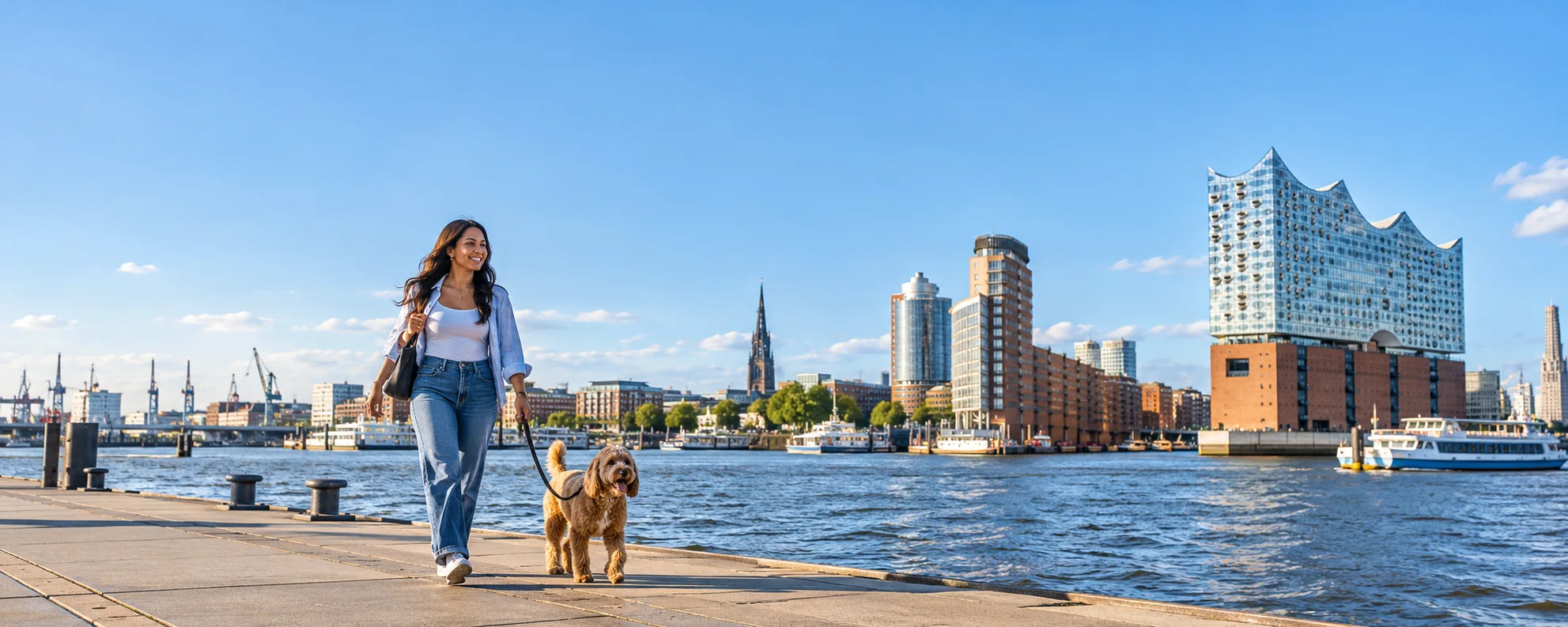 Eine lateinamerikanische Frau geht mit ihrem Hund am Hamburger Hafen spazieren